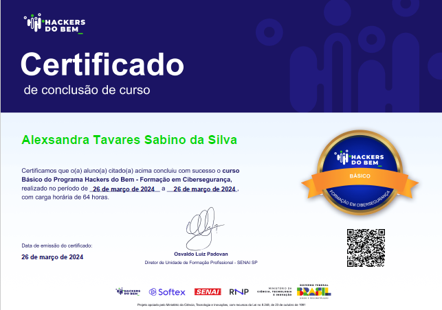 Certificado Formação em Cibersegurança - Hackers do Bem
